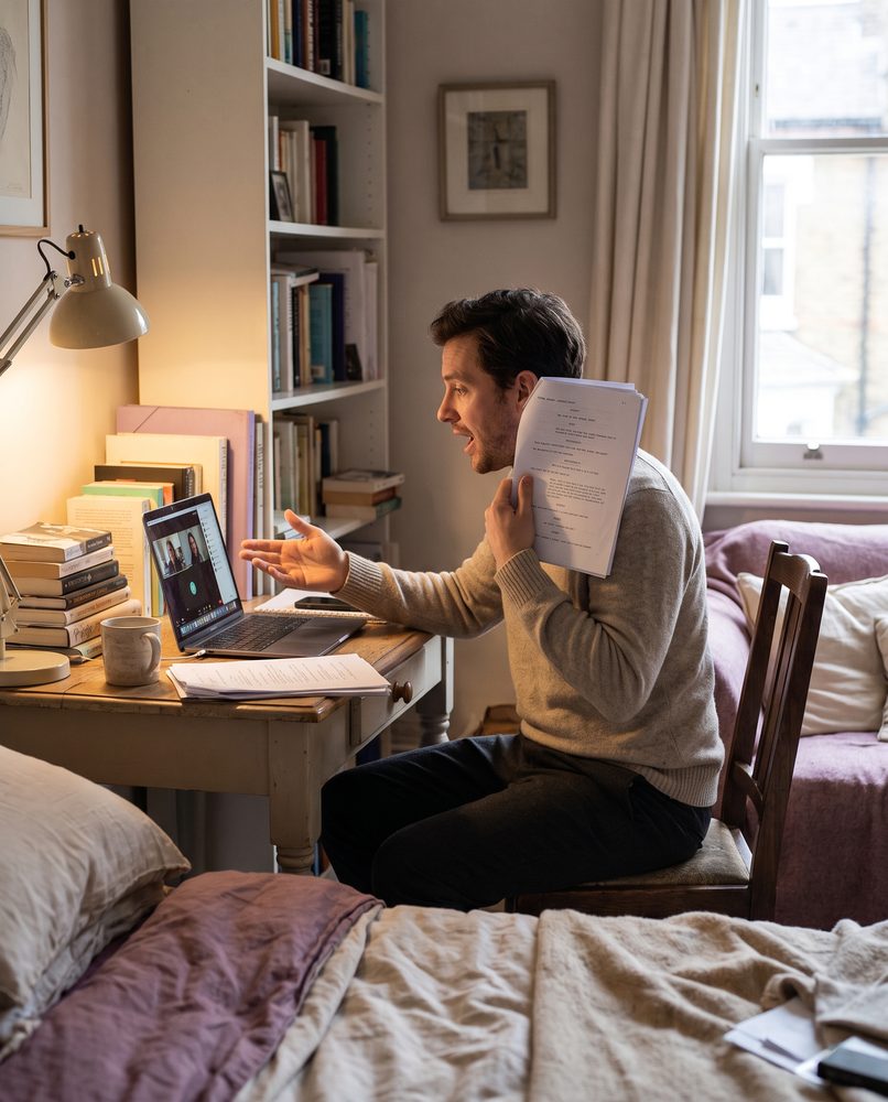 An actor doing a live video audition at a desk in an ordinary room