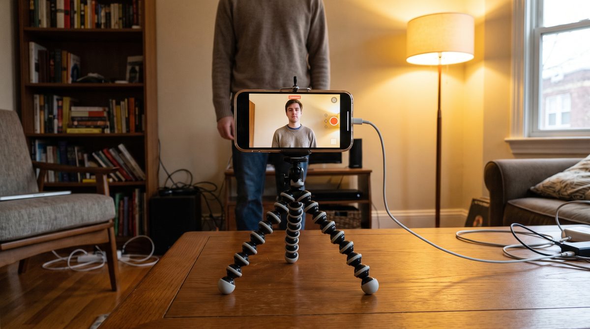 A phone on a tripod framing an actor from the chest up in an ordinary living room