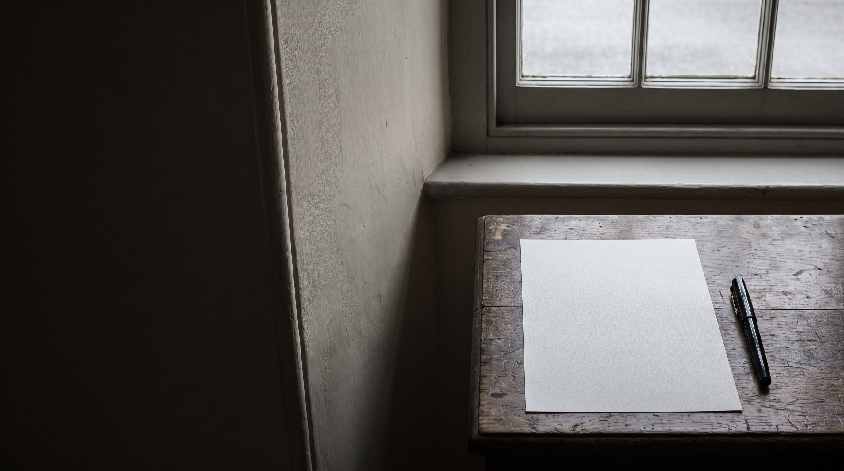 A blank sheet of A4 paper and a fountain pen on a wooden desk beneath a sash window
