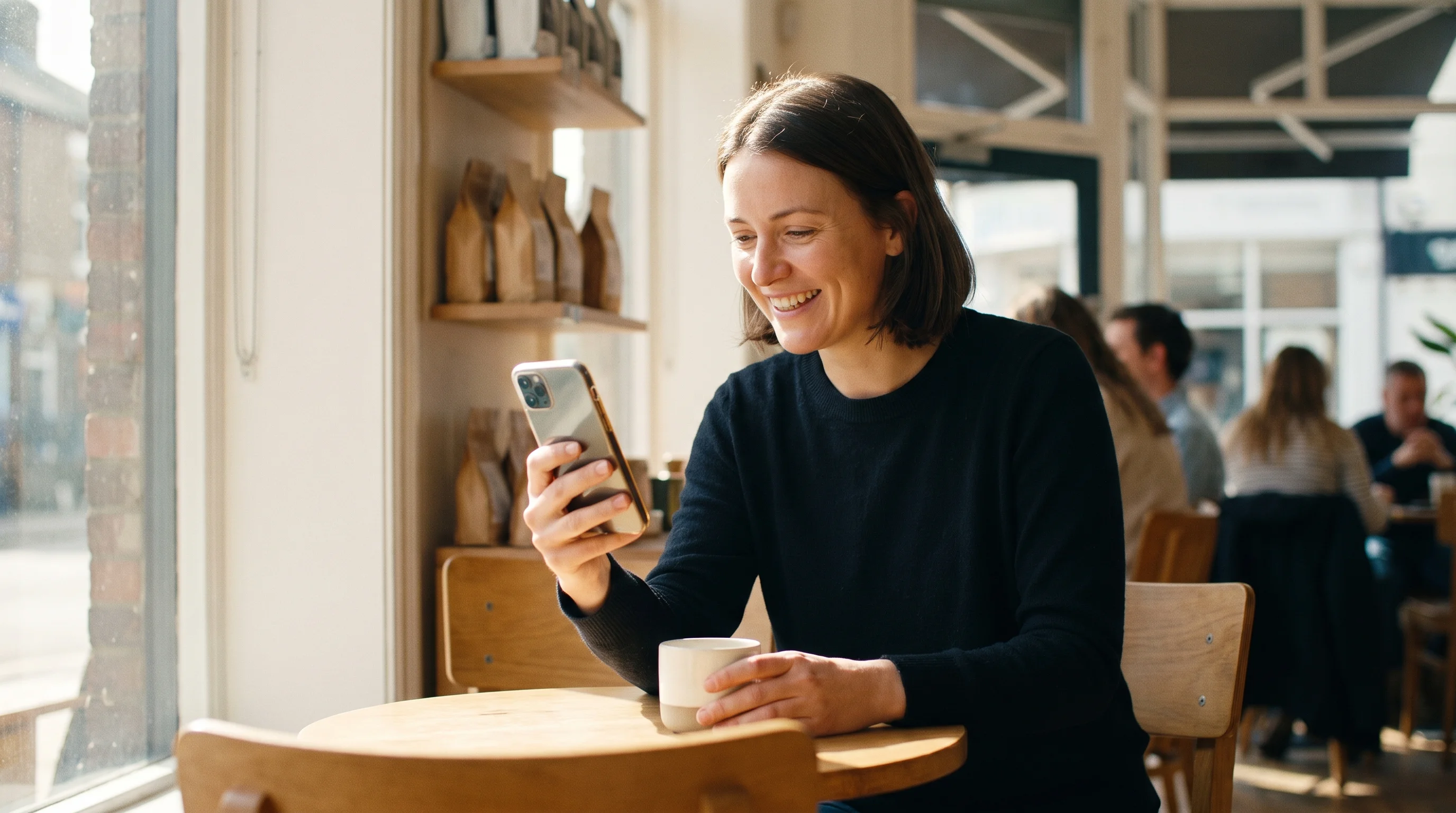 An actor in a coffee shop reading an audition message on her phone