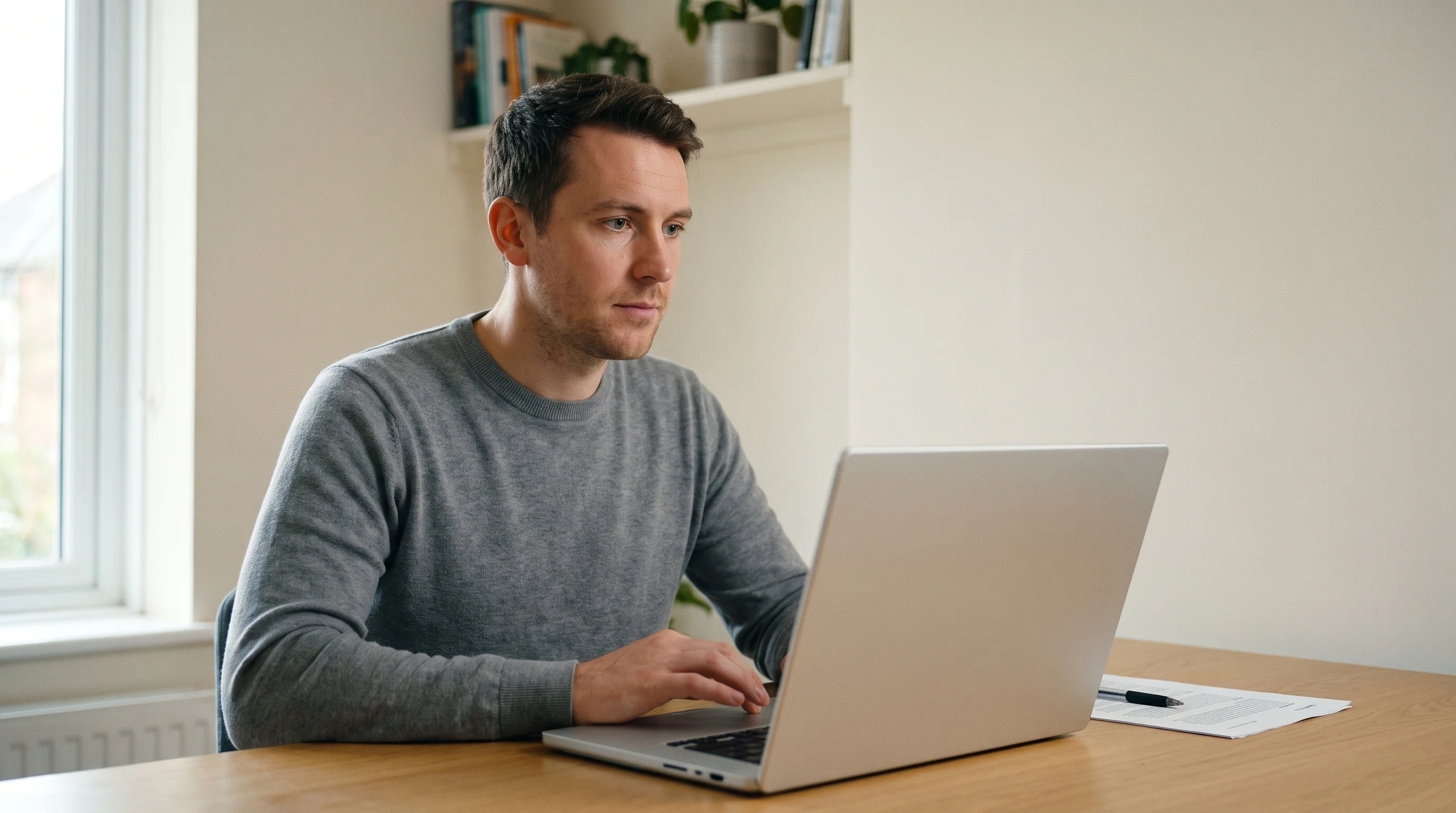 An actor at a desk filling in an online casting profile on a laptop