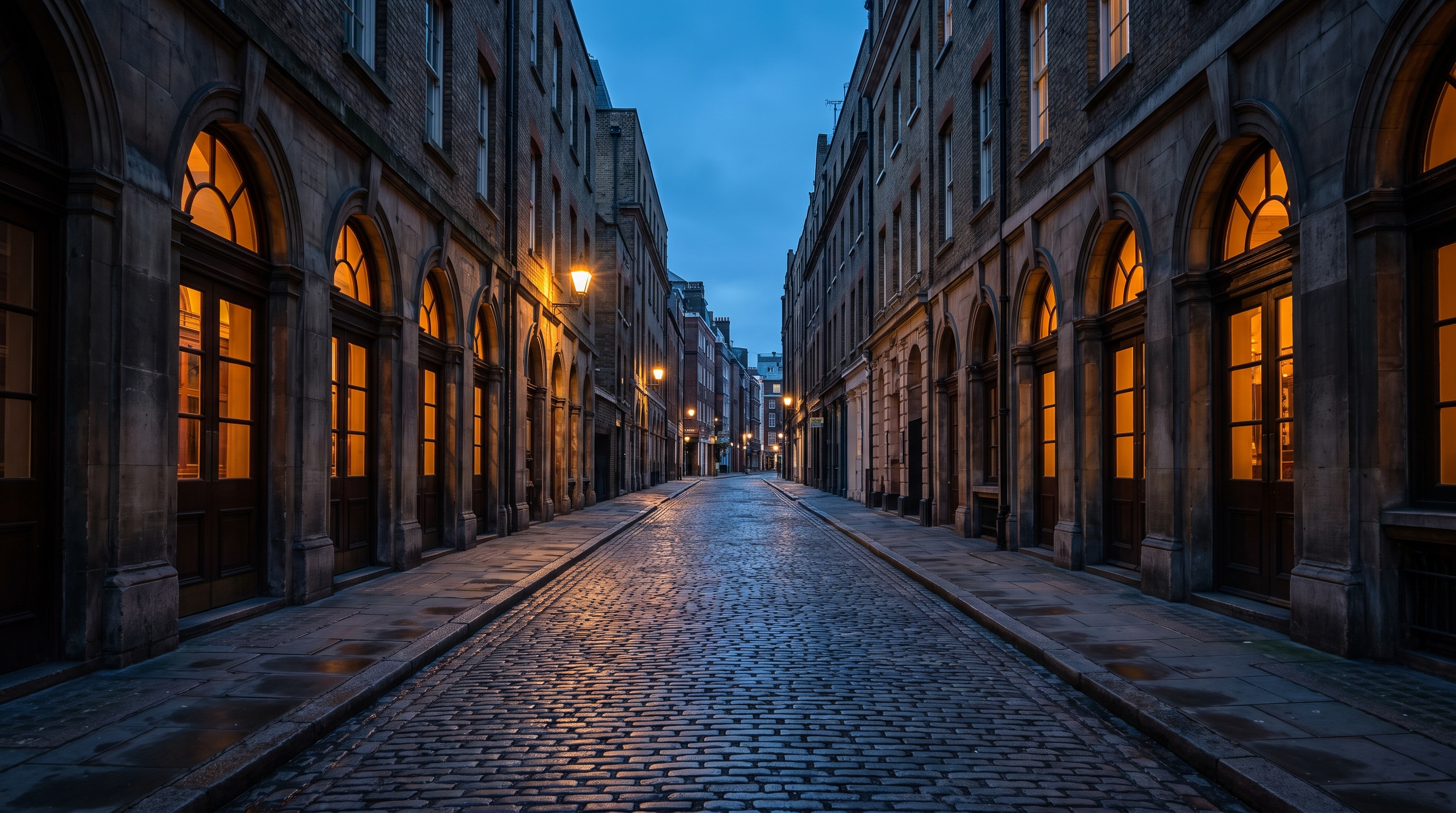 A narrow London street at dusk lined with older brick theatre buildings