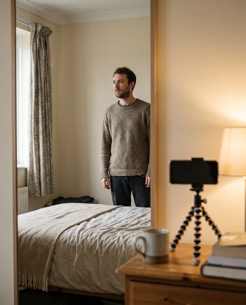 A man filming himself on a phone in an ordinary bedroom