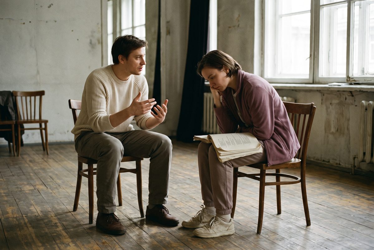 Two people on plain chairs in a rehearsal room, one listening intently to the other