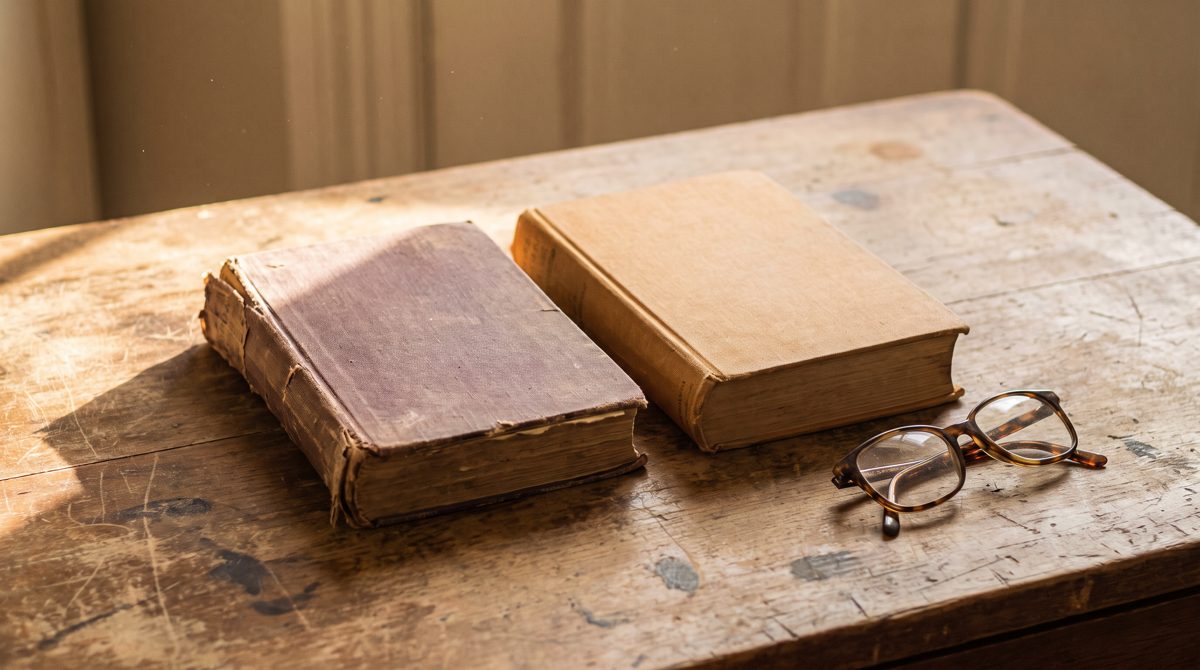 Two old hardback books side by side on a wooden table, one more worn than the other