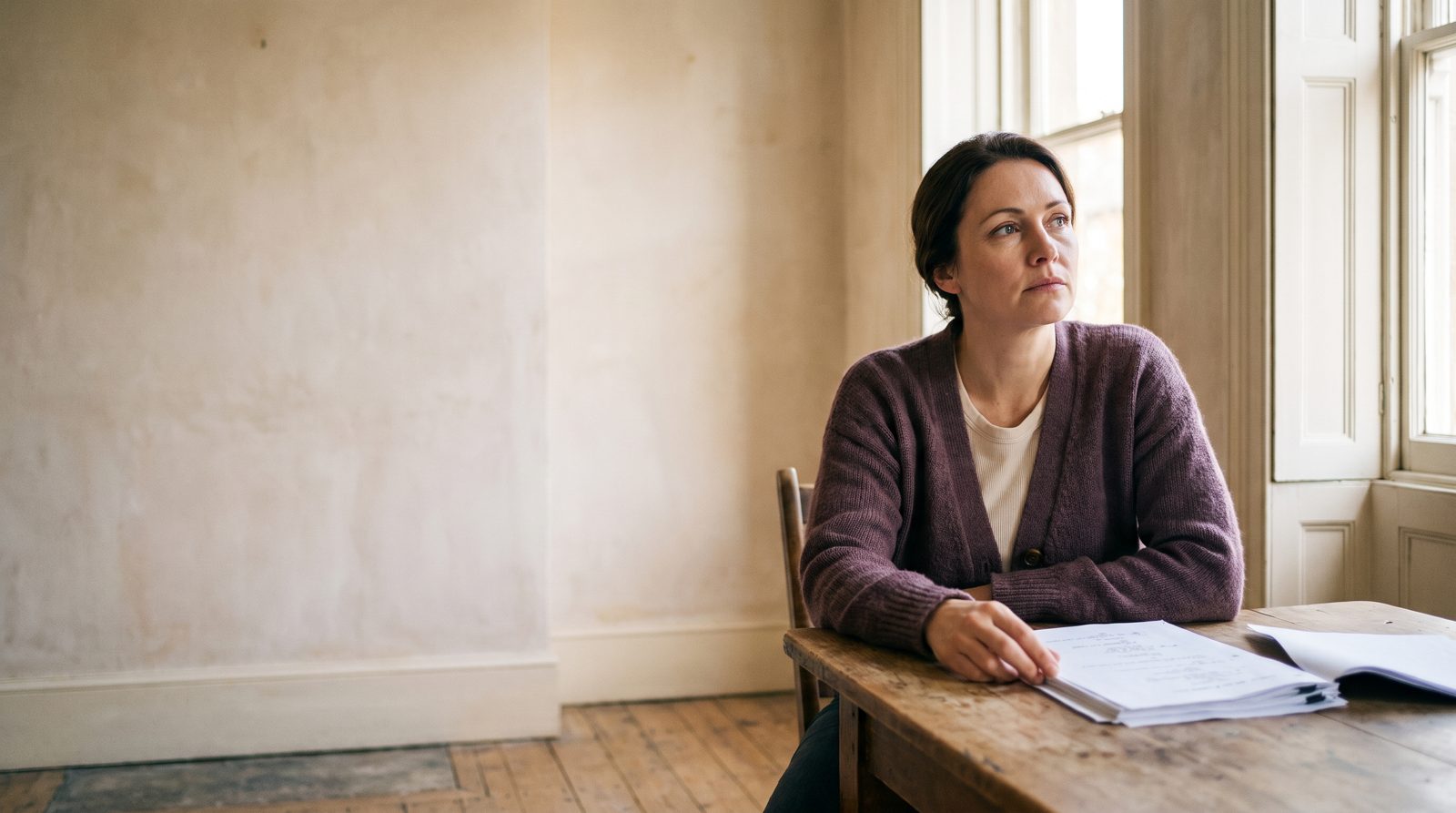 An actor working through a script at a table in a rehearsal room
