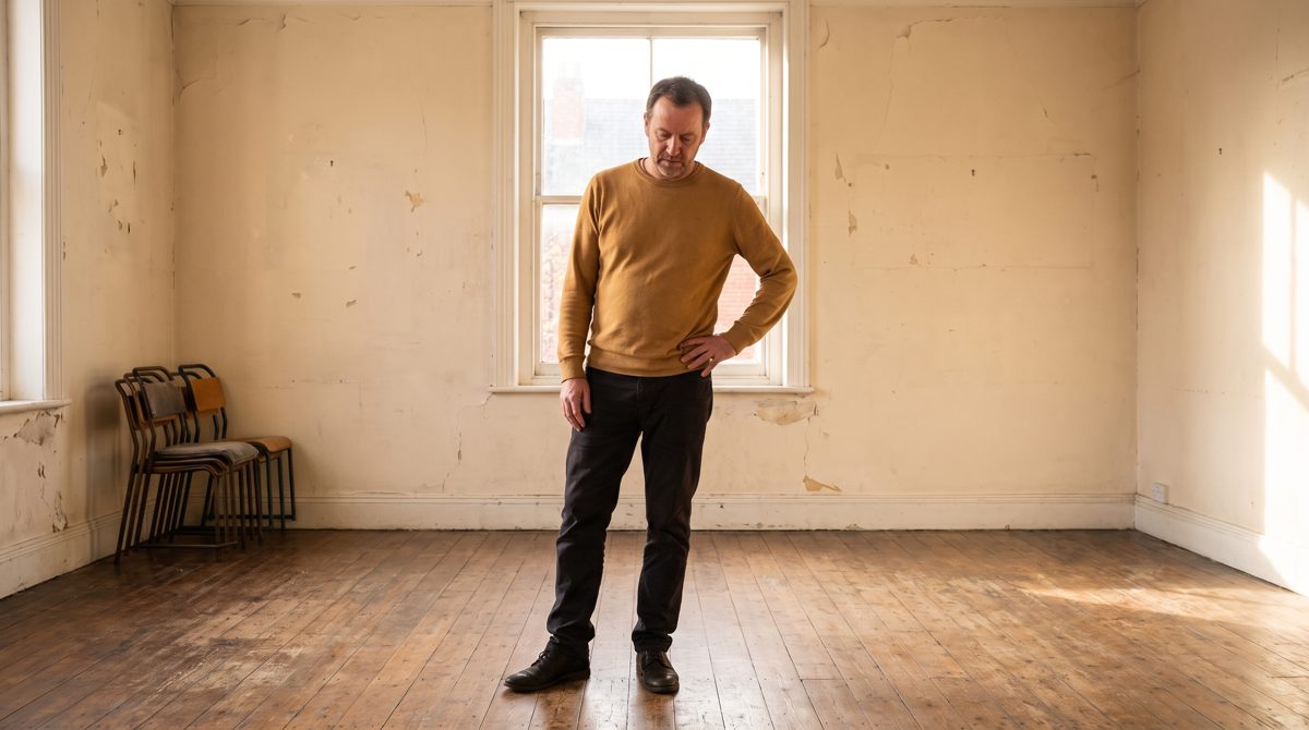 An actor experimenting with a different posture in an empty rehearsal room