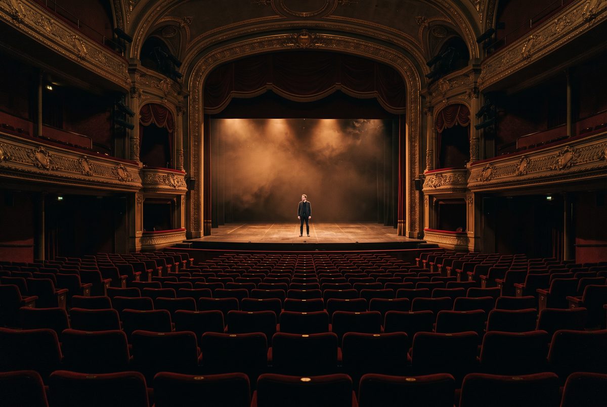 A lone actor on a lit stage seen from the back of an empty auditorium