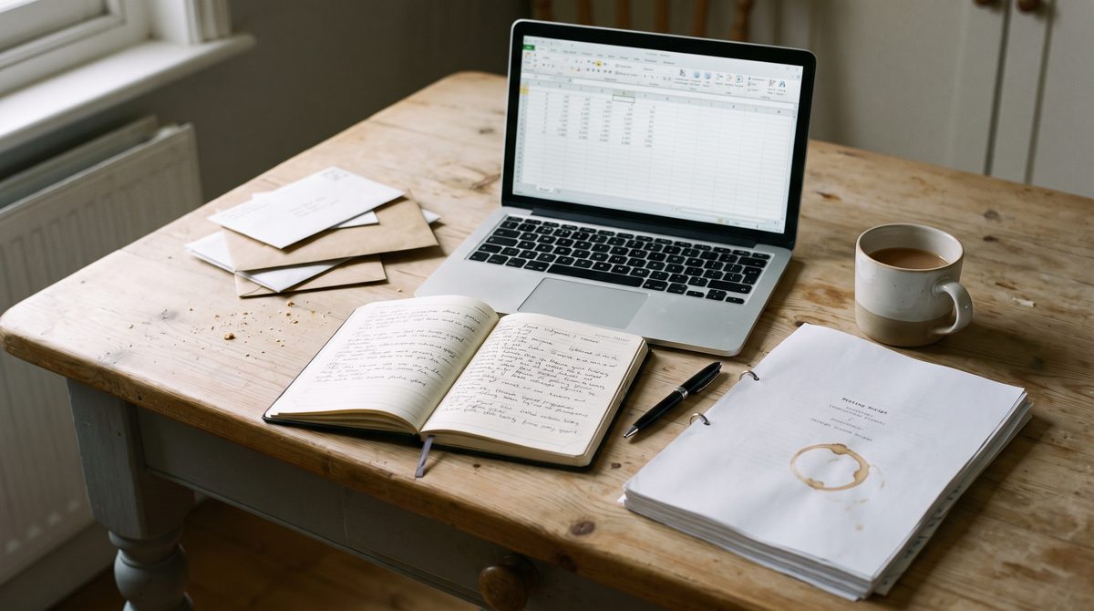 A kitchen table with a diary, a laptop showing a spreadsheet, unopened post and a script