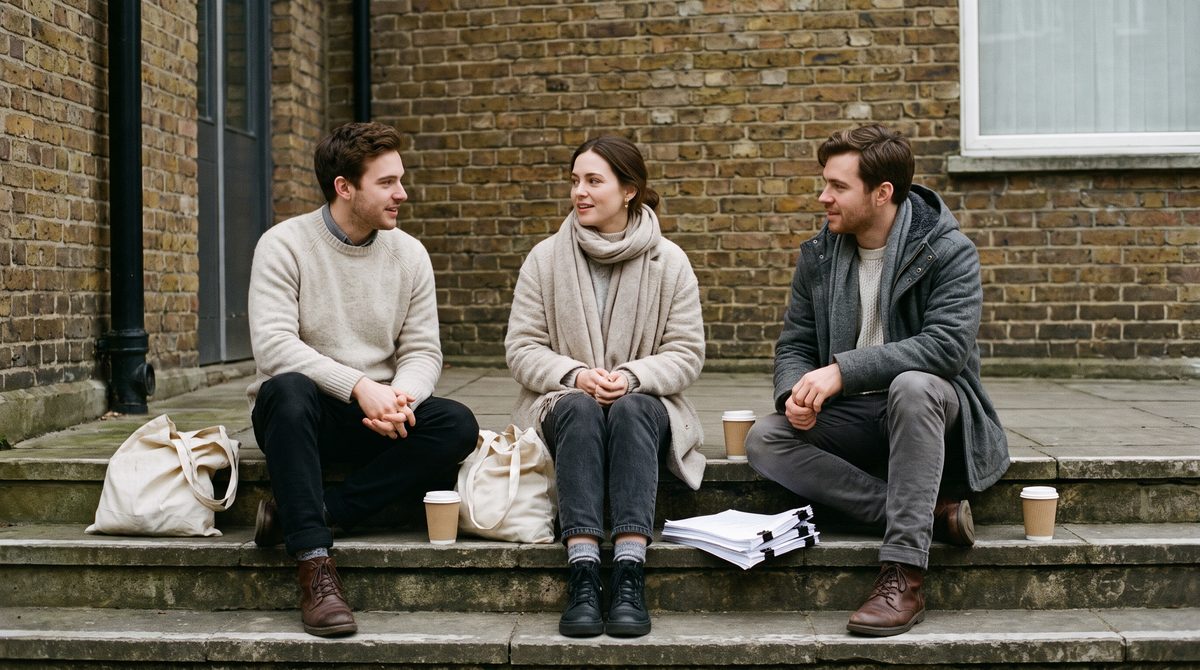 Three actors sitting together on the steps outside a rehearsal building talking