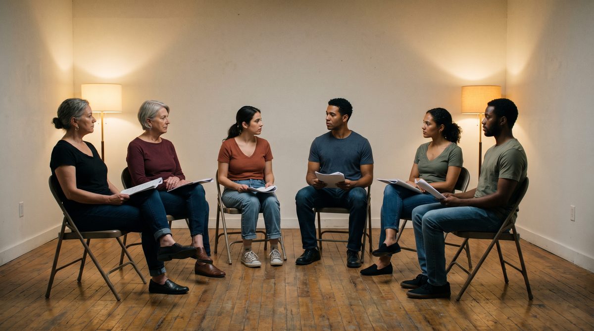 A small acting class watching two actors work a scene