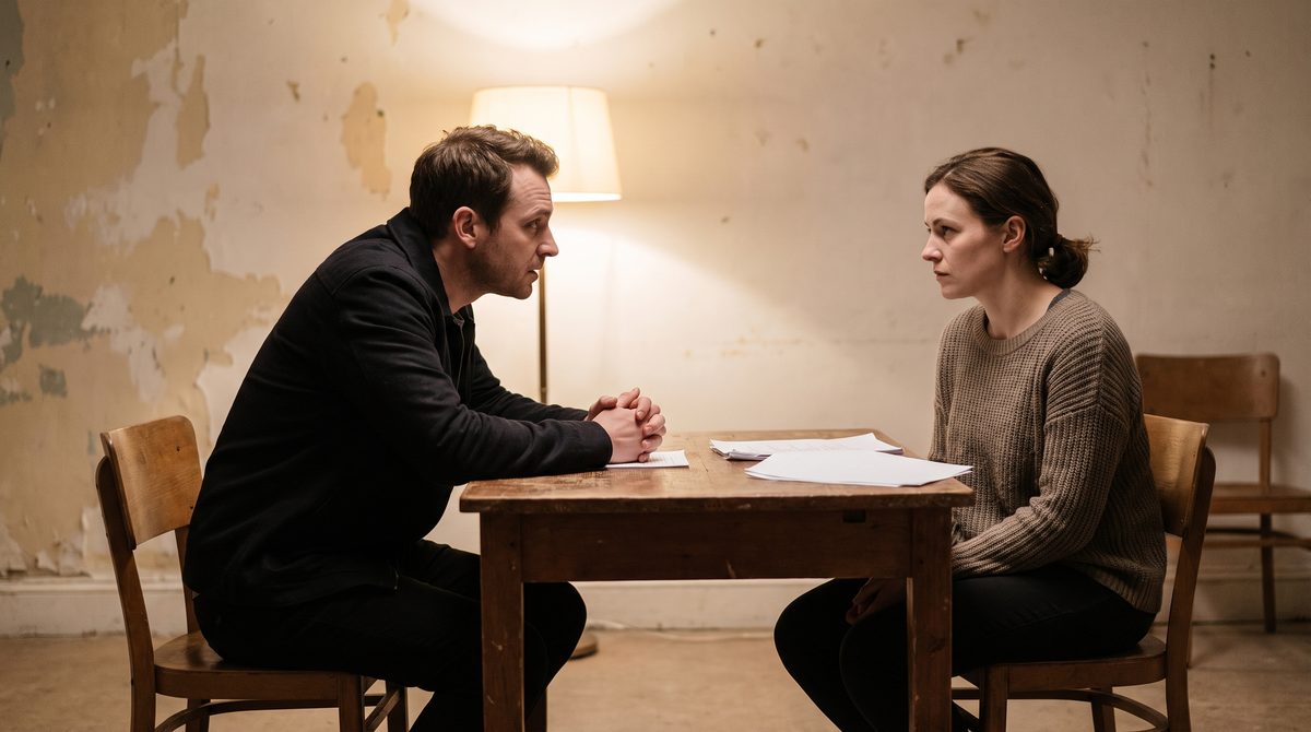 Two actors working a scene closely in a small studio, one leaning in