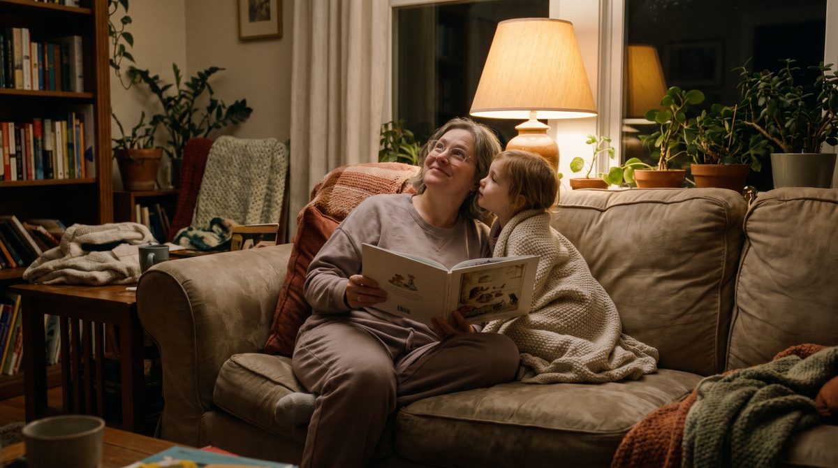 An adult reading a picture book aloud to a small child, looking up at the child rather than at the page