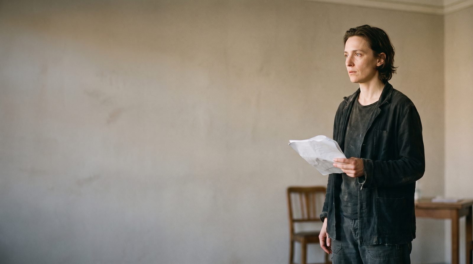 An actor holding script pages at chest level with their eyes lifted toward an unseen scene partner