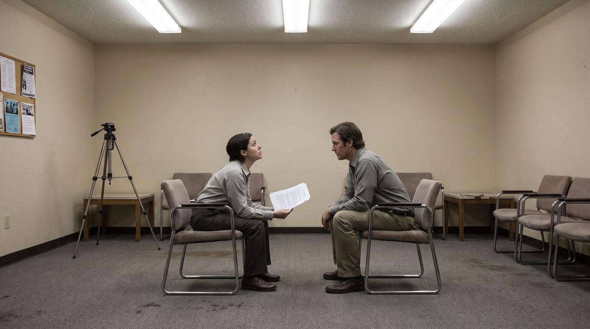 Two people facing each other in a plain casting room, one holding script pages and listening