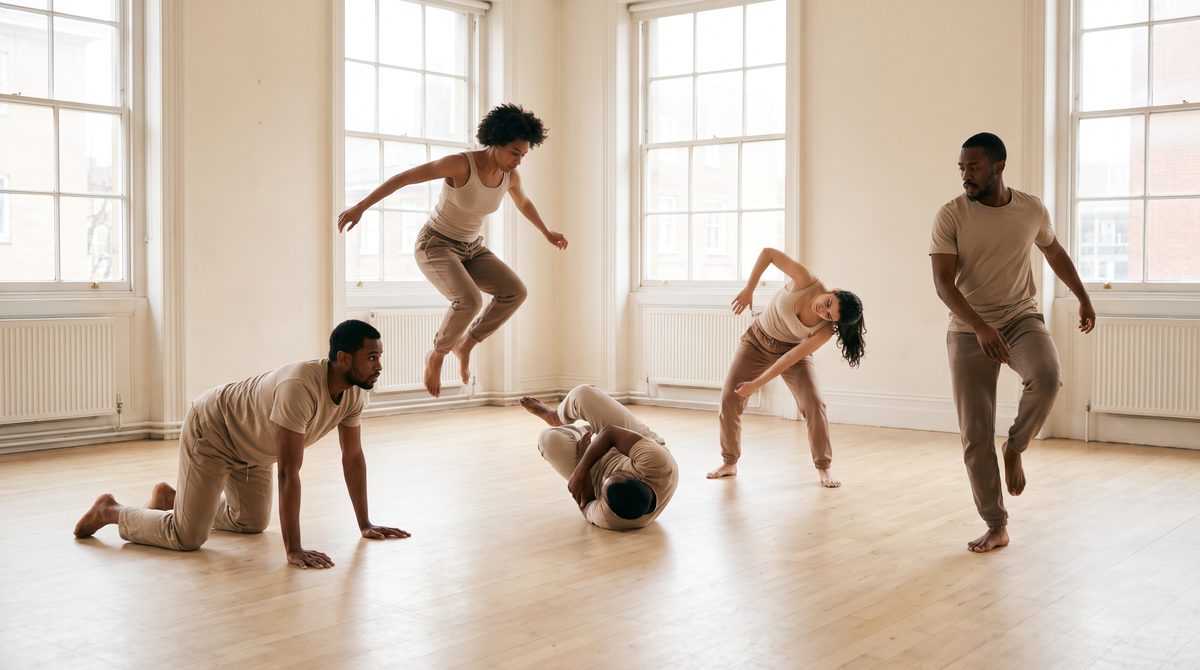 A group of actors working in a bright rehearsal studio, each moving separately