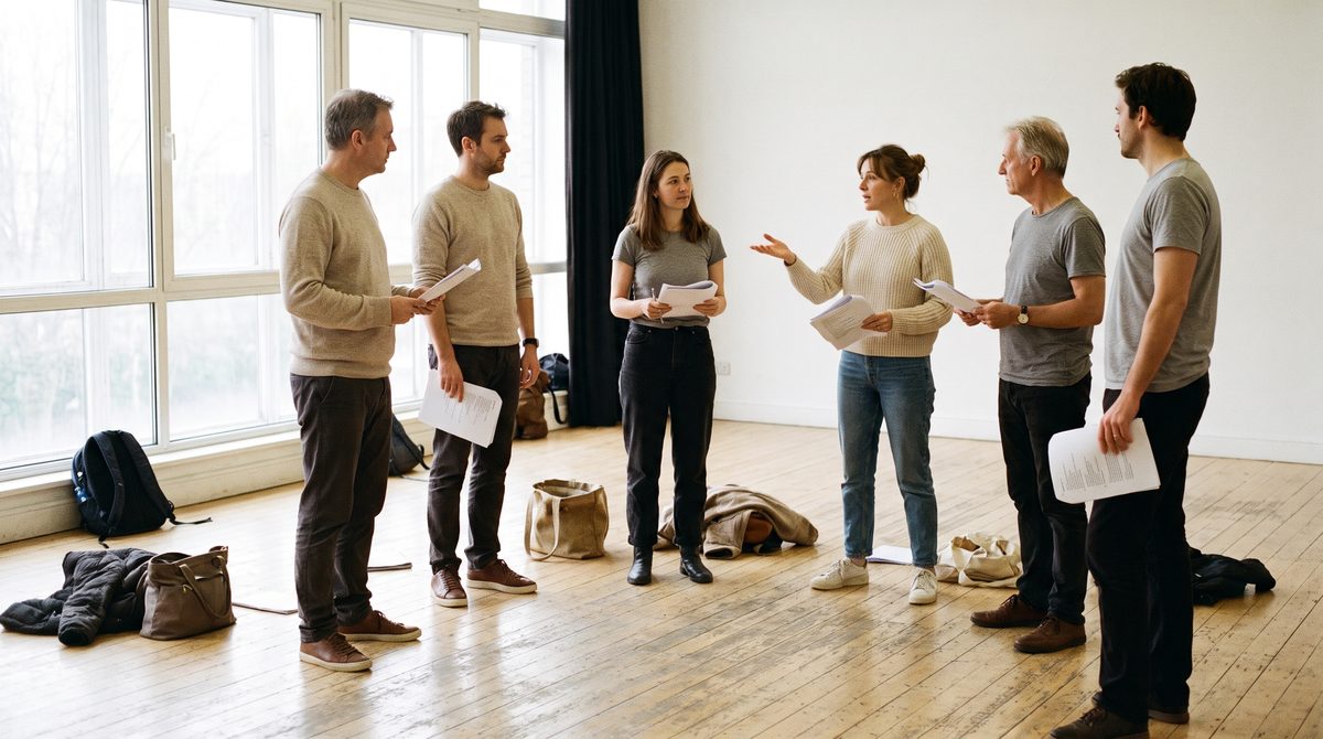 A small group of adult actors standing in a circle in a bright studio working on a text together