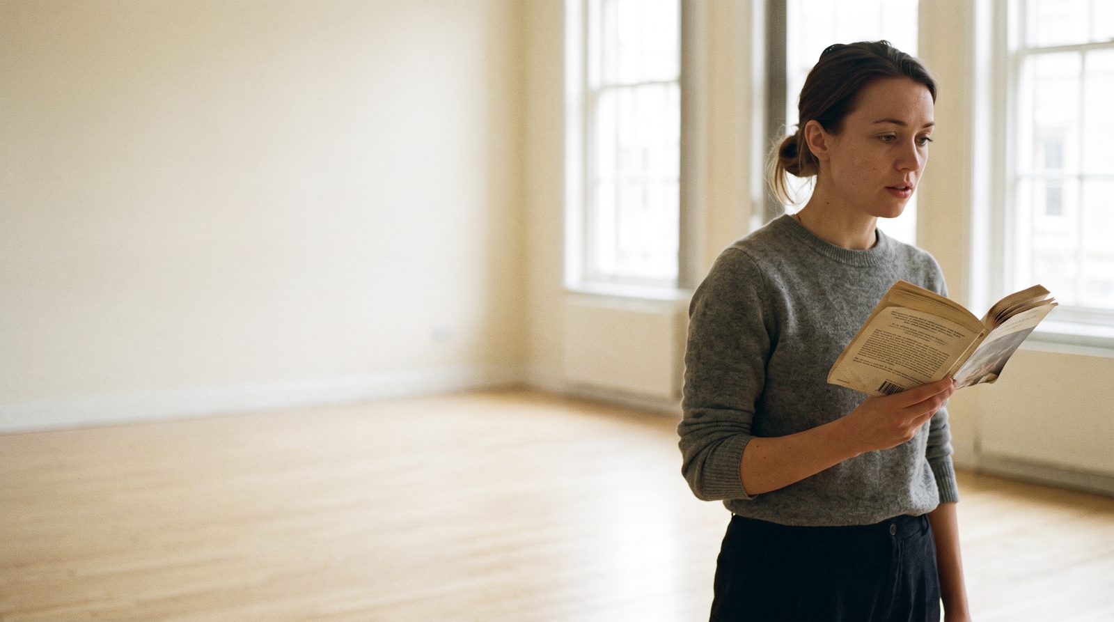 An actor standing alone in an empty rehearsal room holding a paperback playtext open in one hand