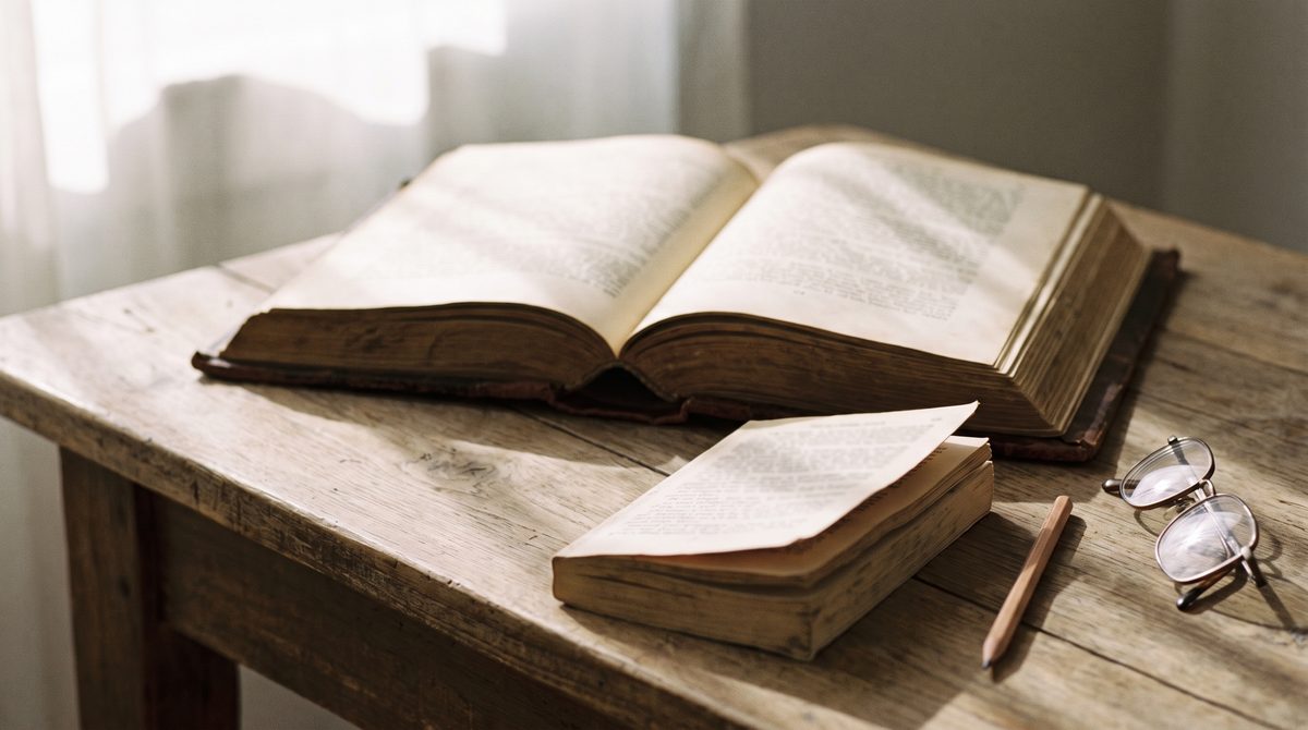 An old playtext open on a table beside a modern paperback edition of the same play