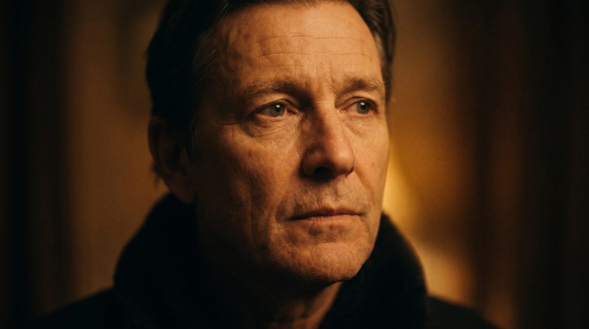 A very tight frame on an actor's face in low light, eyes fixed on something out of shot