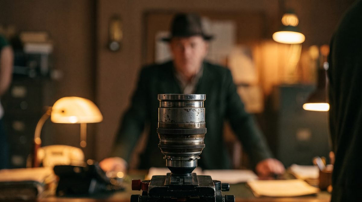 A camera lens close to an actor's face on a set, shallow depth of field