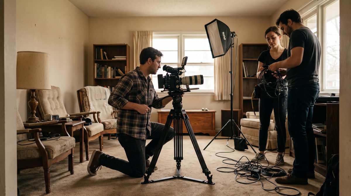 A small film crew setting up a shot in a domestic interior, camera operator adjusting the tripod