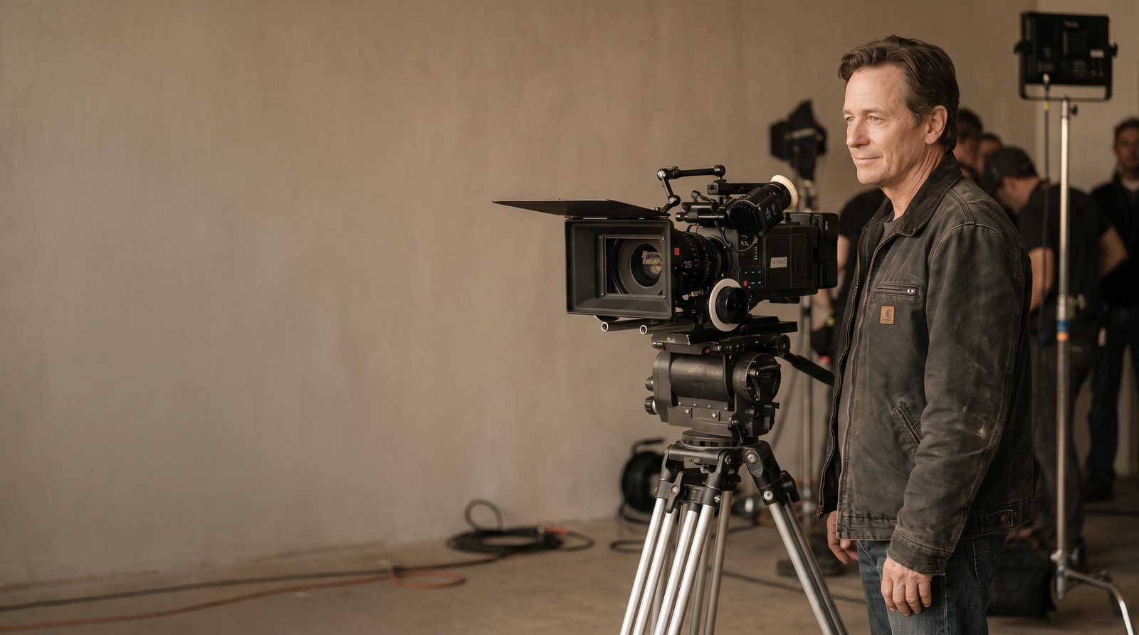 An actor standing calmly in front of a film camera on a quiet set, looking just past the lens