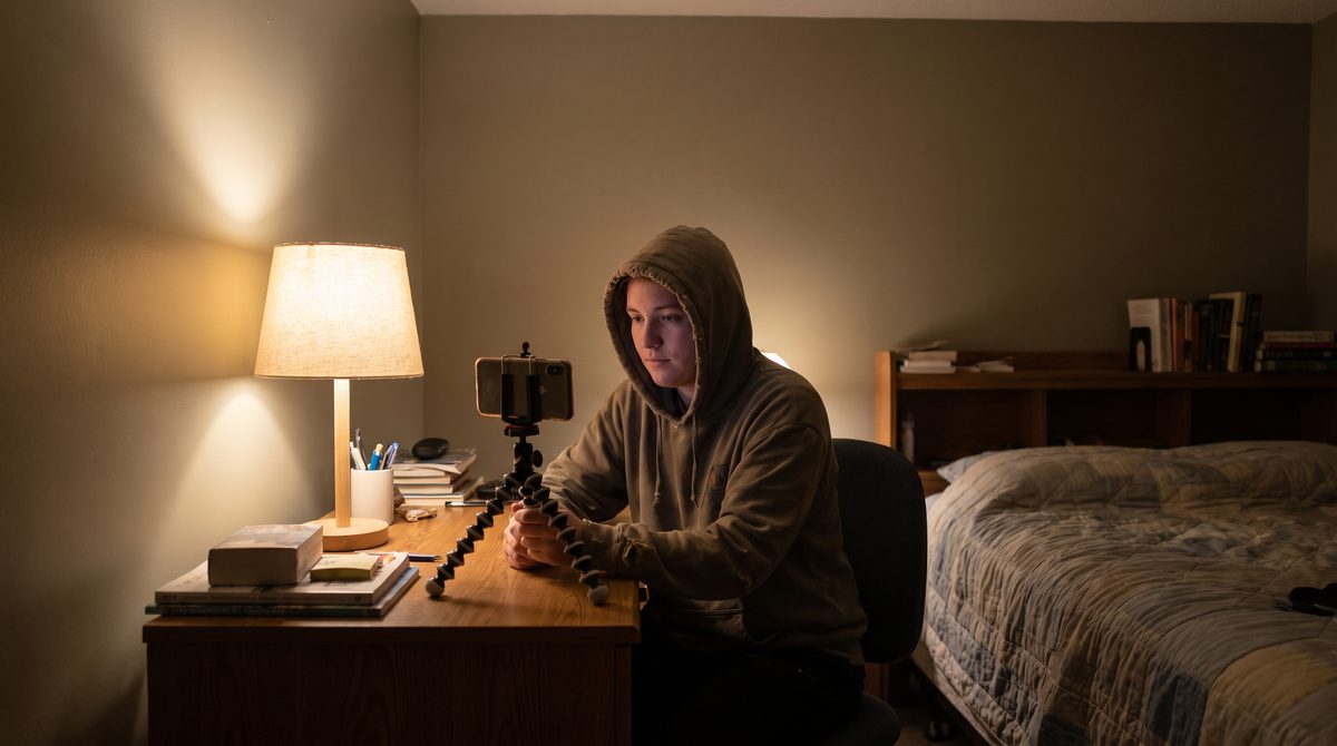 An actor filming a self-tape alone in a bedroom with a phone on a tripod and a lamp