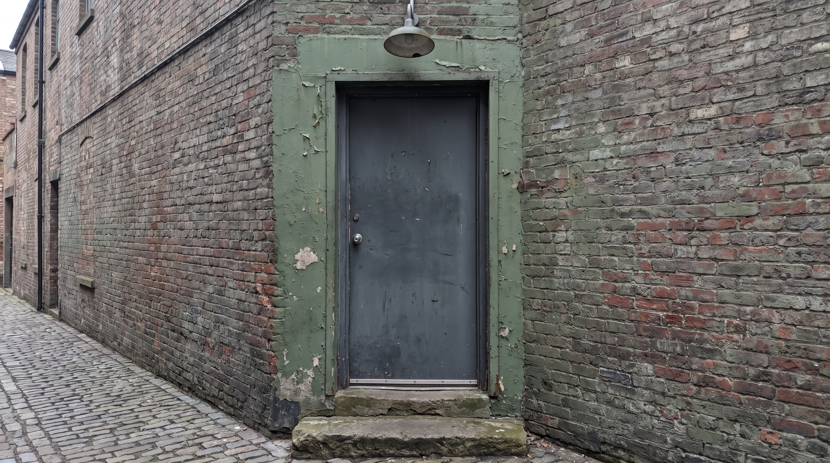 A plain closed metal stage door in a brick alley with a single lamp above it