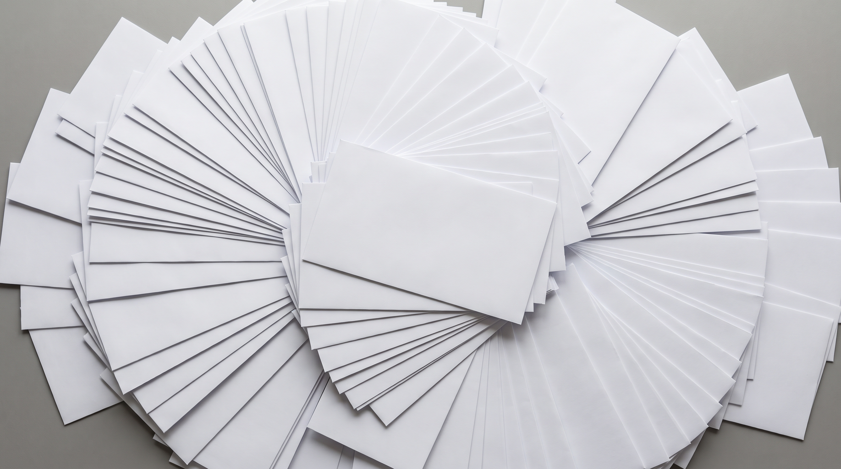 A large overlapping heap of plain white envelopes seen from above
