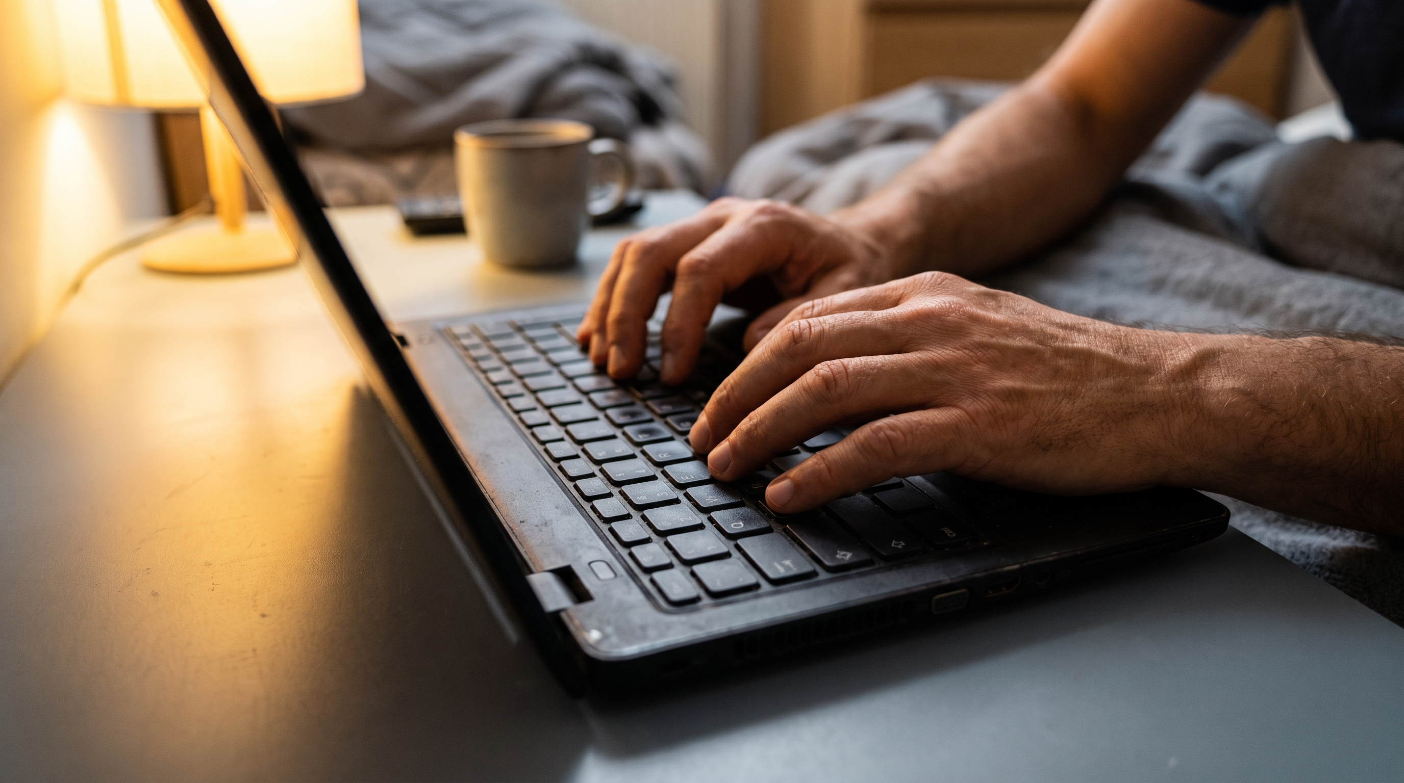 Two hands resting on a laptop keyboard mid-typing with the screen out of frame