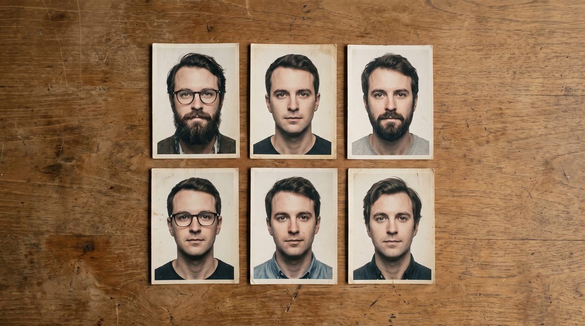 A grid of six photographs of the same person with different hair and facial hair