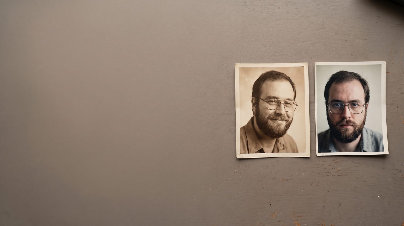 Two printed headshots of the same actor side by side, one warmer and one more direct