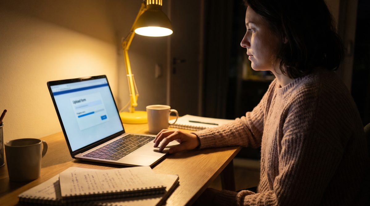 A person at a desk looking at an upload form on a laptop screen in the evening