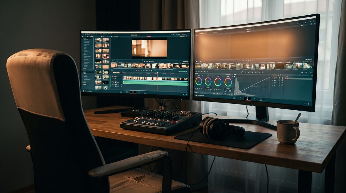 A video editing desk with two monitors showing a timeline of clips