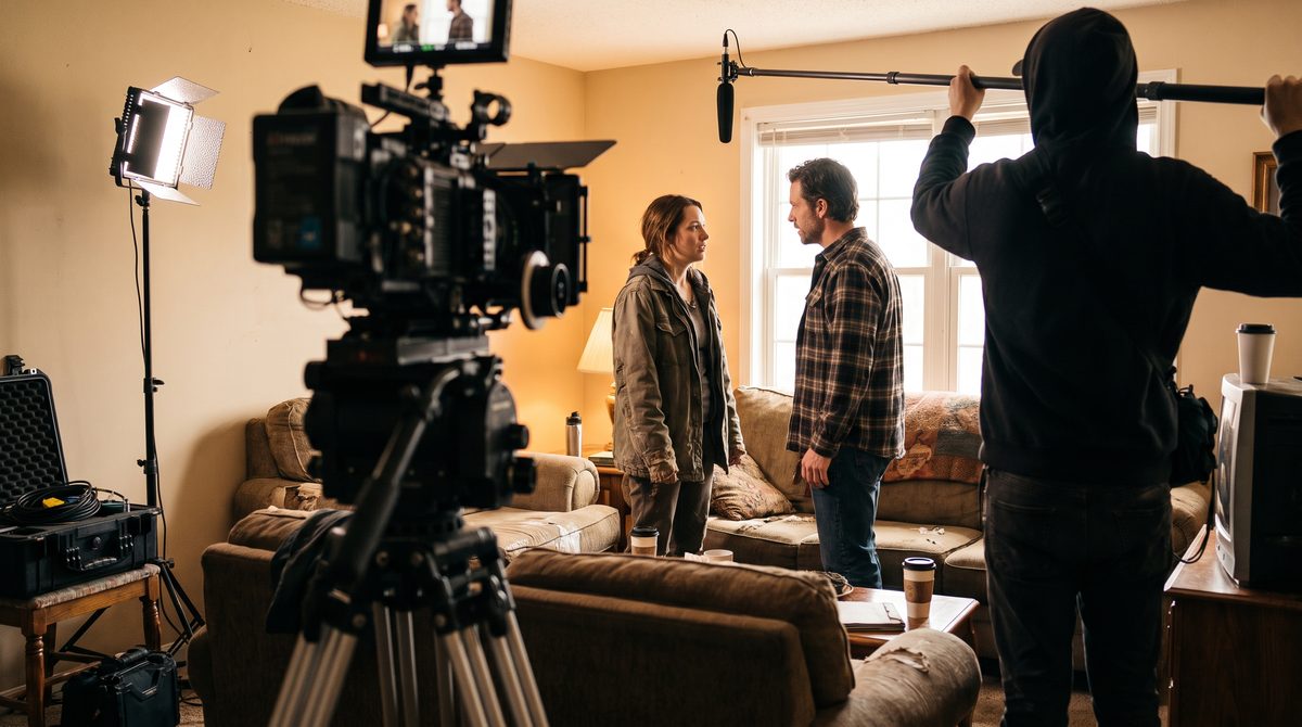 Two actors performing a scene on a small film set with a boom microphone overhead