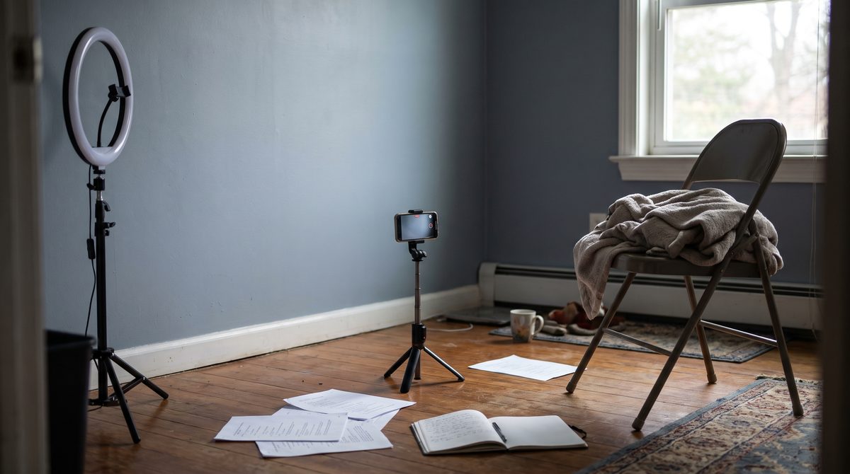 A home self-tape corner with a phone on a tripod facing a plain wall and a ring light switched off