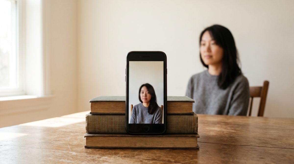 A phone propped on a stack of books facing a person seated against a plain wall