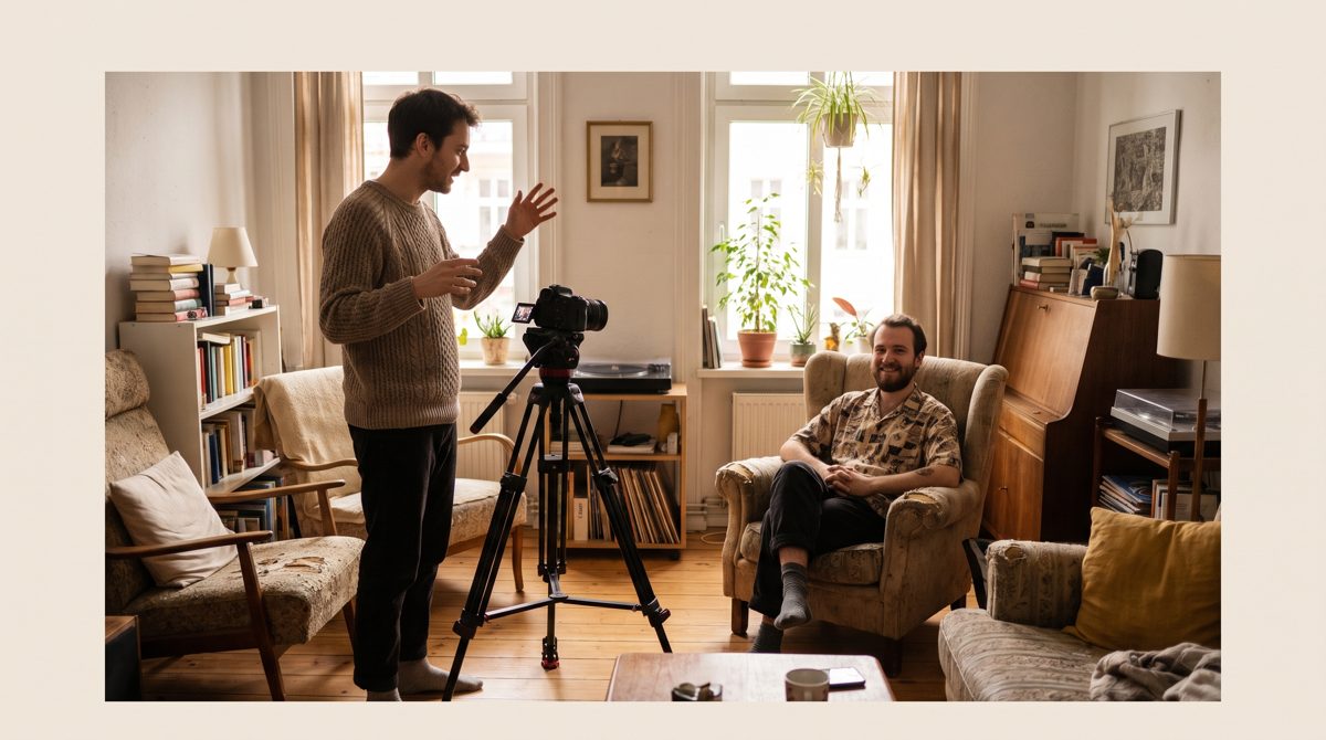 Two friends in a flat, one being filmed and the other standing beside the camera mid-conversation