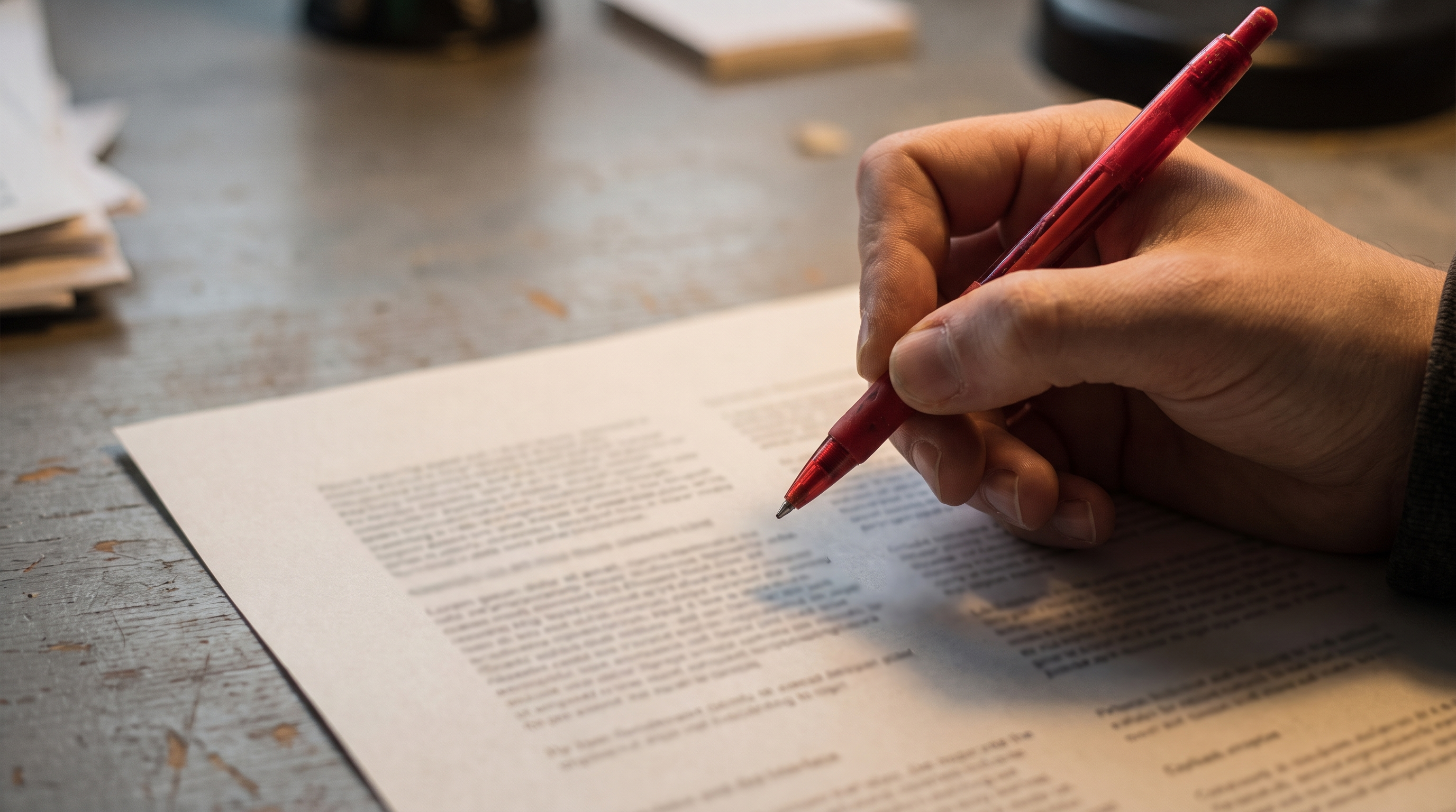 A hand holding a red pen above a printed page, mid-annotation