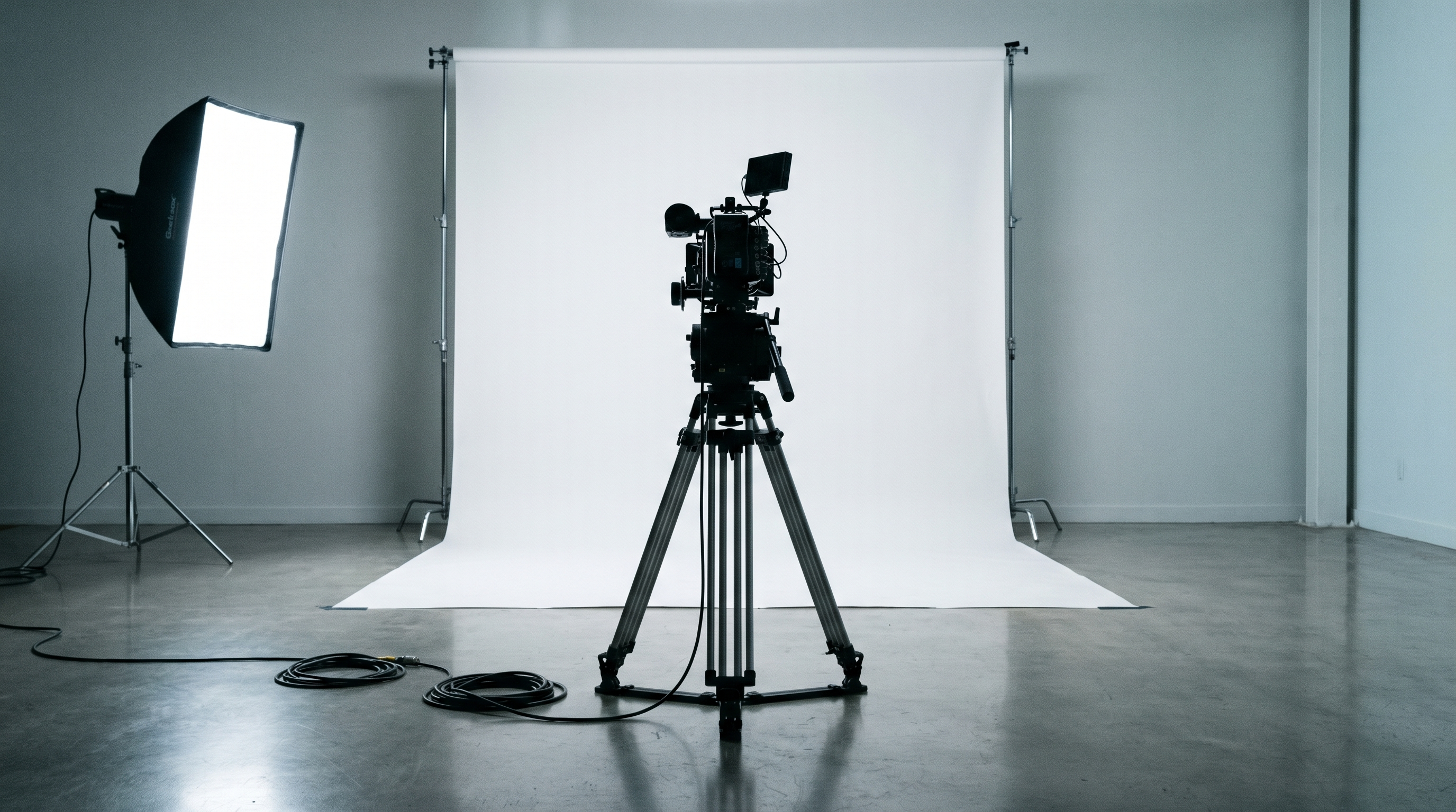 A commercial set with a camera on a tripod facing an empty lit backdrop