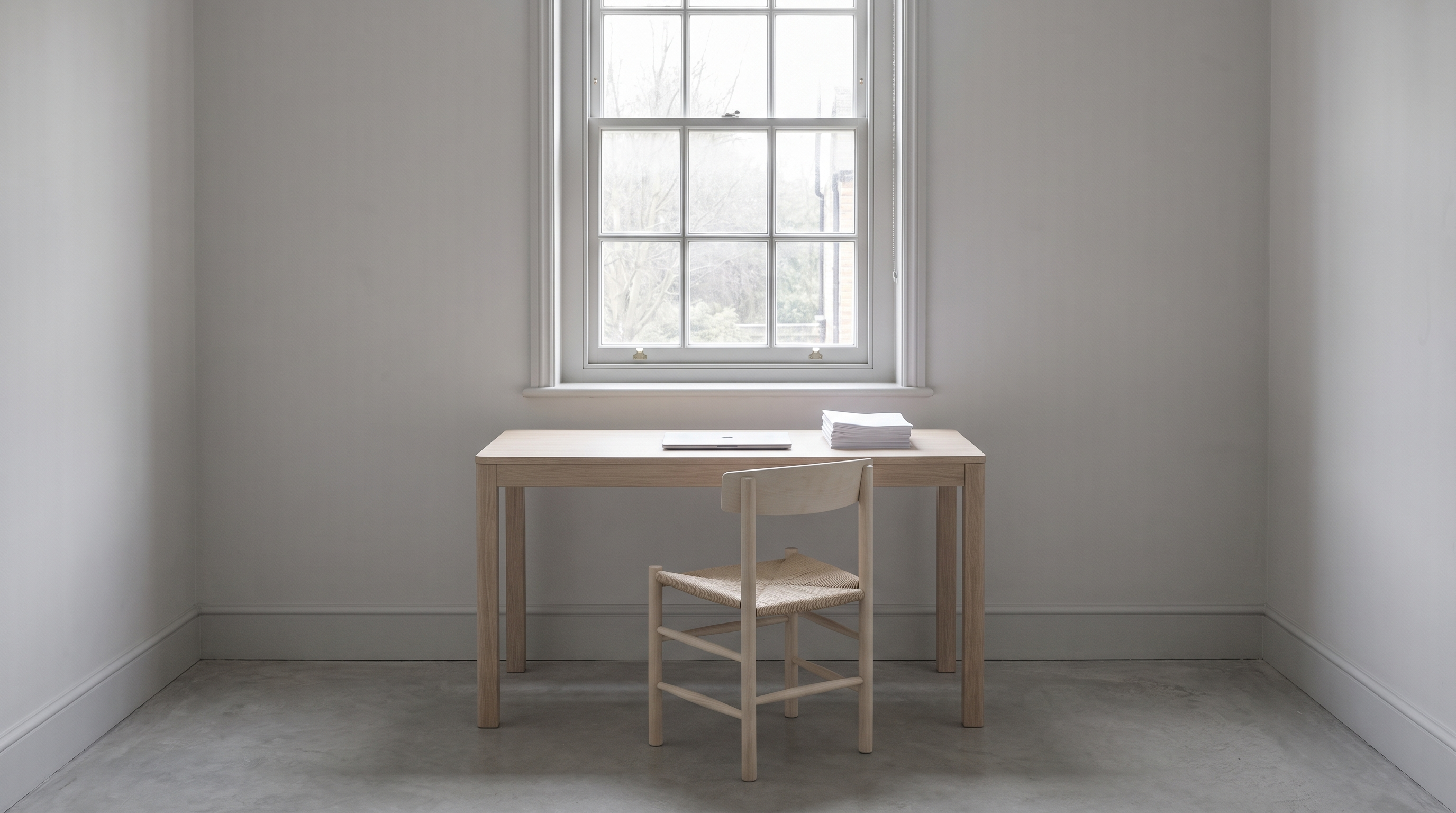 A quiet office desk beside a tall window with a stack of A4 paper