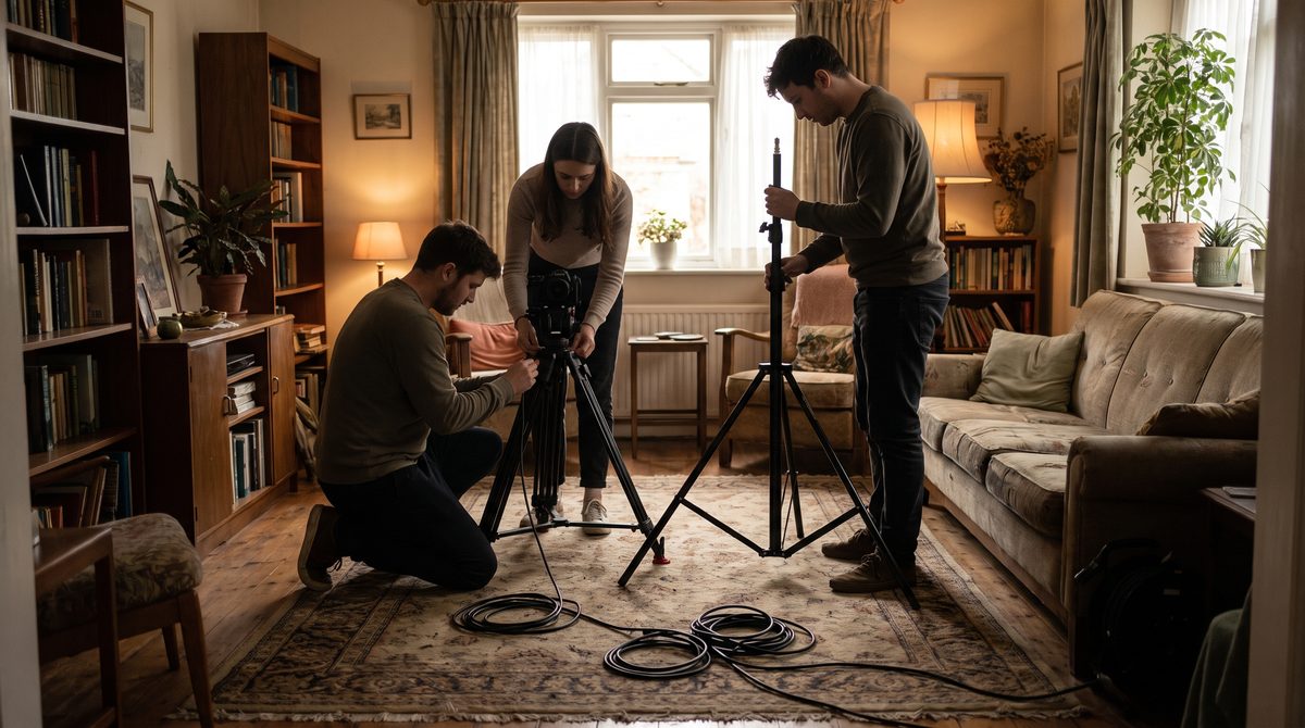A film crew working around a camera and lights in a domestic interior between takes