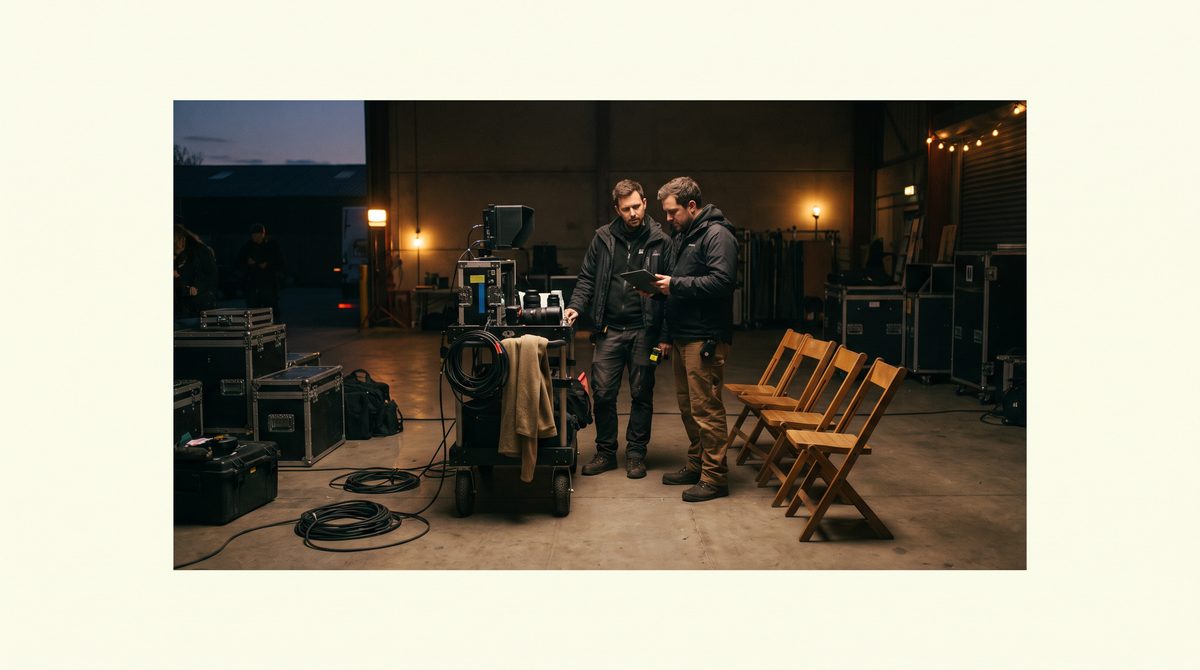 Two crew members conferring beside a monitor cart on a film set, folding chairs arranged nearby