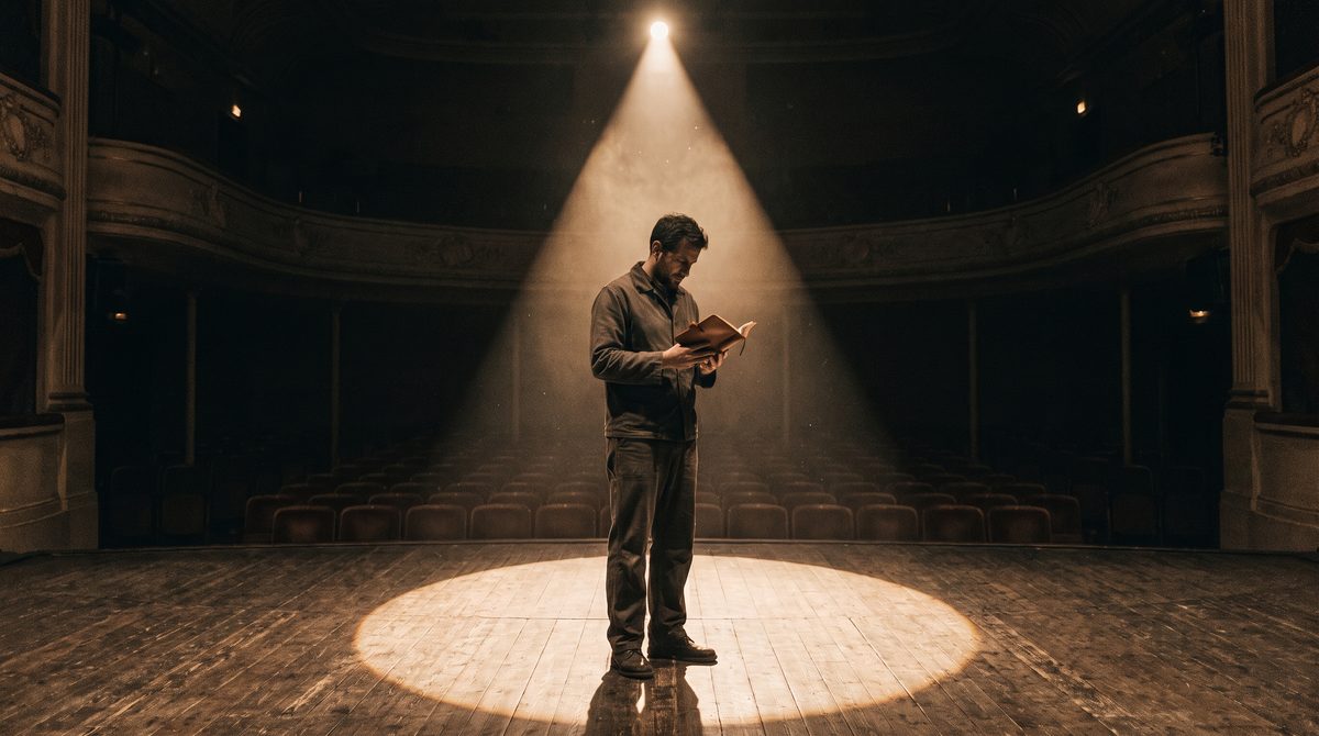 An actor standing alone in a single pool of light on a dark stage