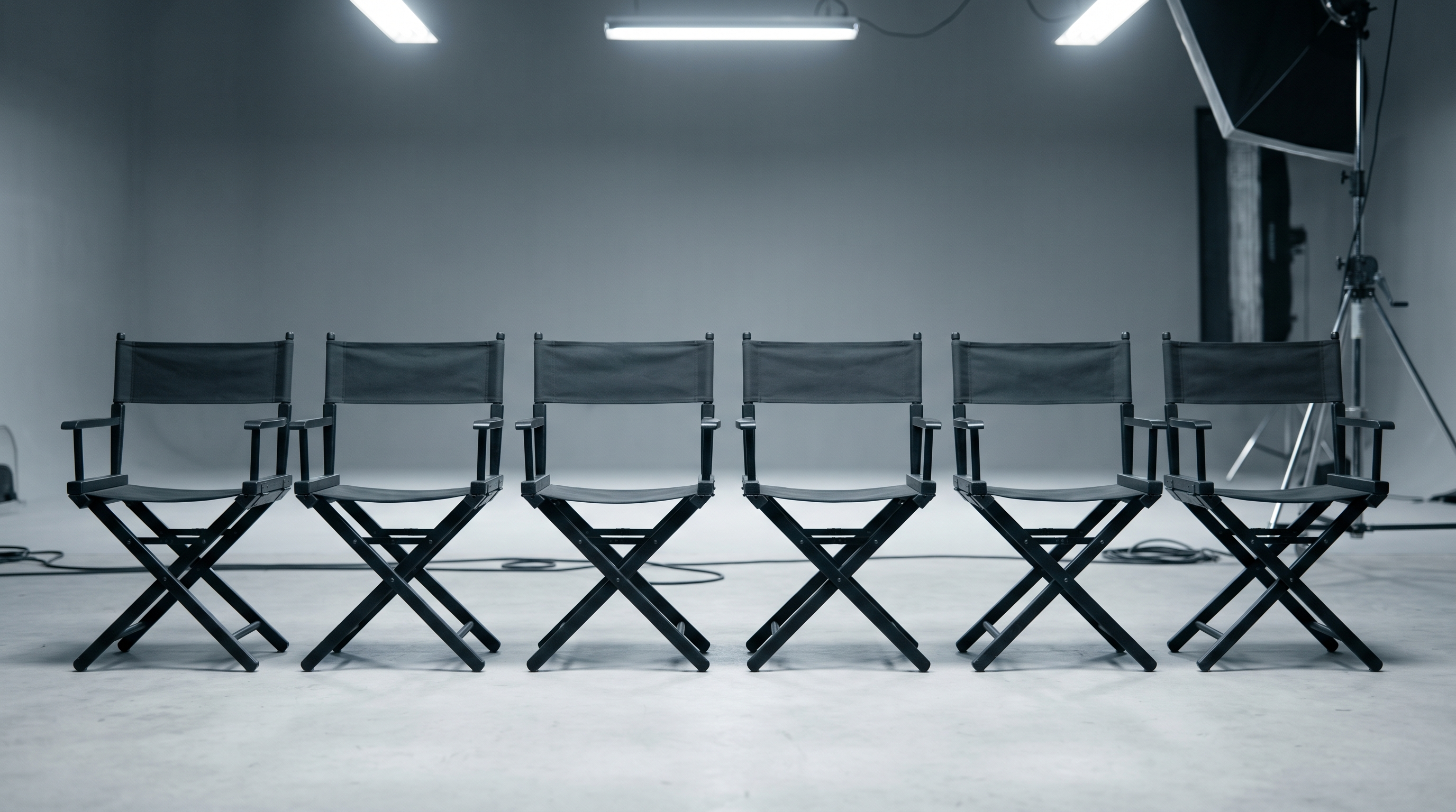 A row of empty canvas director's chairs on a concrete studio floor