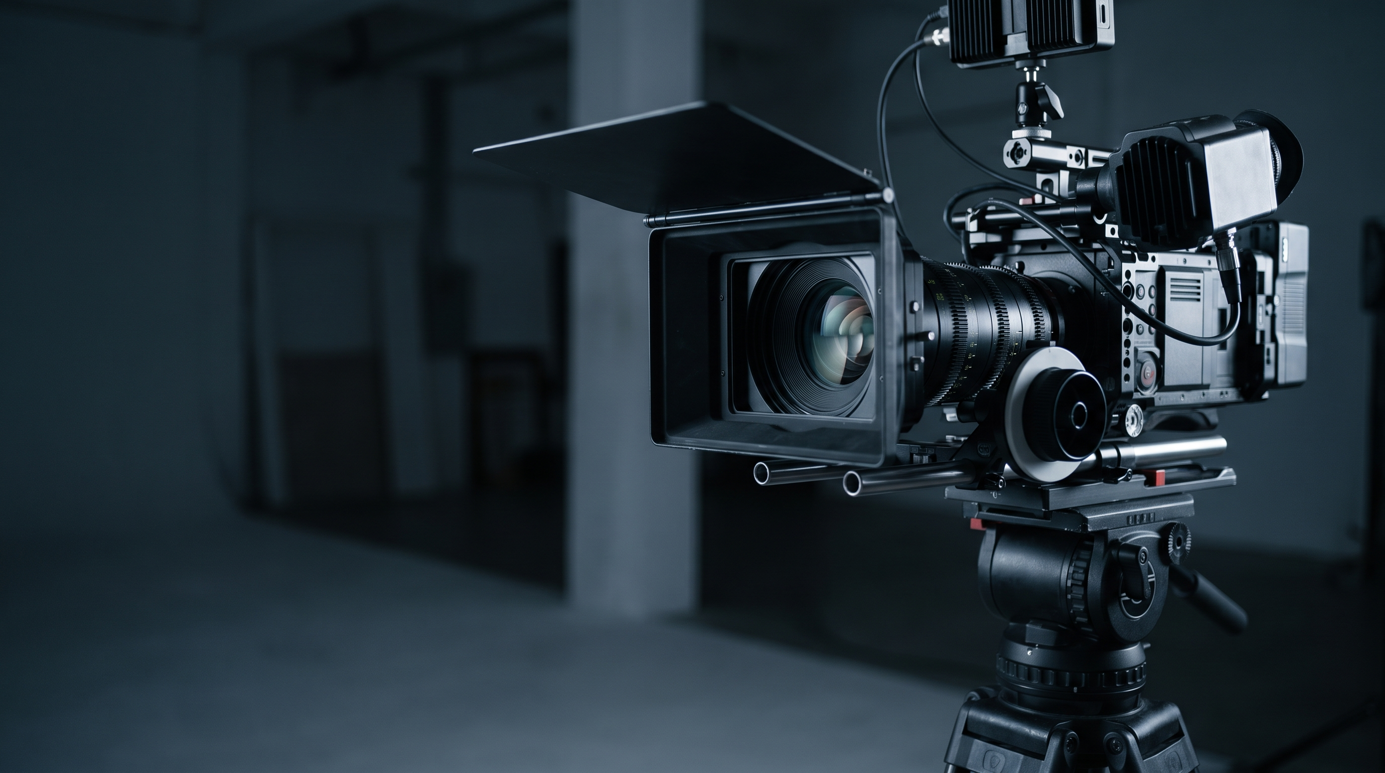 A professional cinema camera with a matte box and lens on a rig in a dark studio
