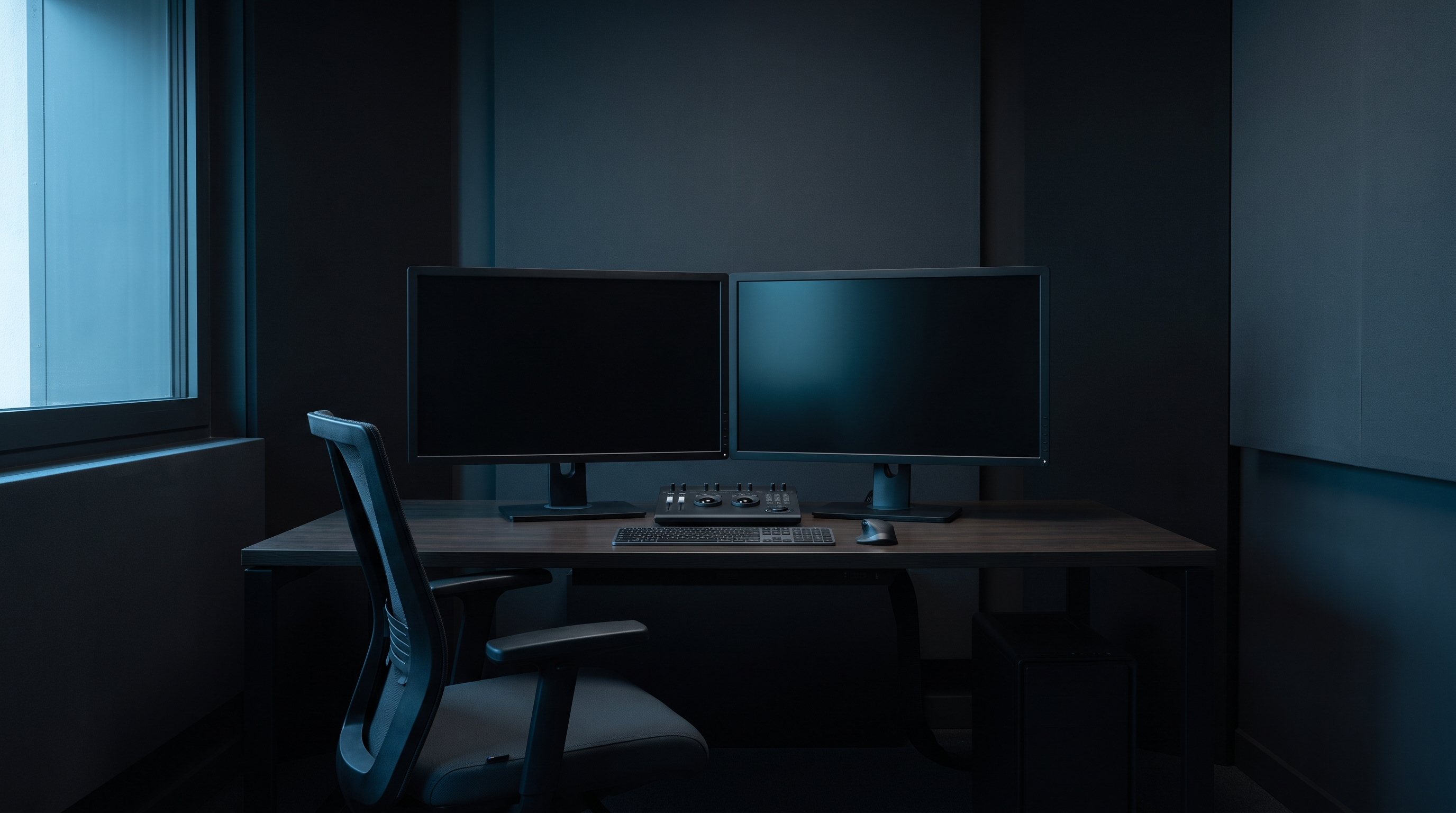 A dim editing suite with two dark monitors and an empty chair
