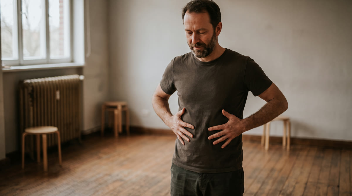 An actor with hands on the lower ribs, feeling them widen on an inhale