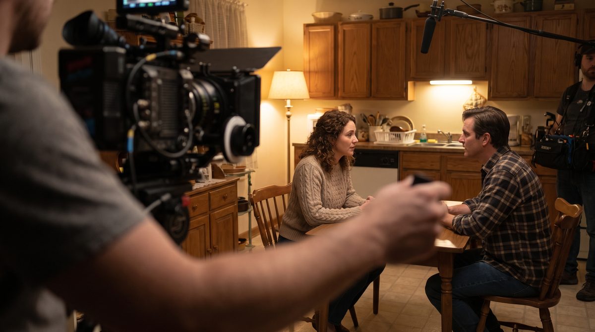 Two actors mid-scene on a lit set with a camera close in the foreground